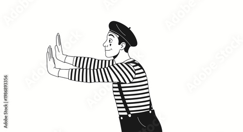 Mime artist pushing against an invisible wall