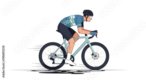 Cyclist in cycling race, riding bicycle on road with speed lines