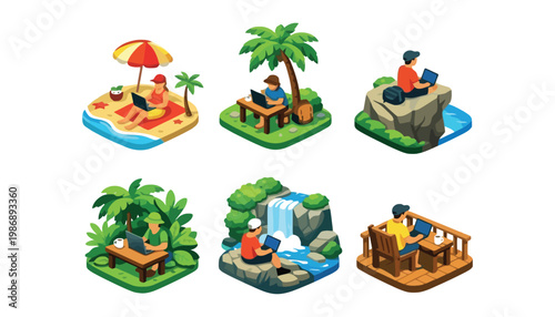 Laptop vector icons of people working remotely in various outdoor settings