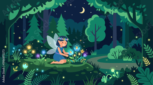 This enchanting flat design illustration brings to life whimsical midsummer folklore, featuring magical elements like a fairy or gnome and glowing flowers in a forest clearing. 
