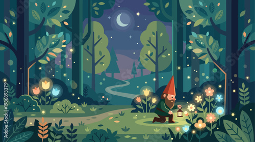 This enchanting flat design illustration brings to life whimsical midsummer folklore, featuring magical elements like a fairy or gnome and glowing flowers in a forest clearing. 