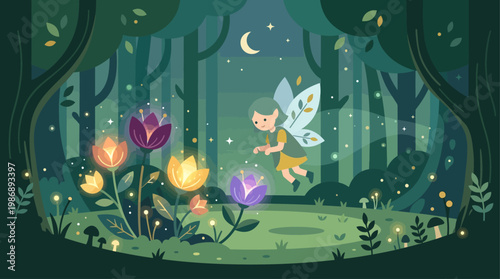 This enchanting flat design illustration brings to life whimsical midsummer folklore, featuring magical elements like a fairy or gnome and glowing flowers in a forest clearing. 