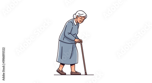 Elderly Woman Walking with Cane Illustration