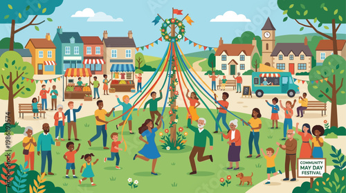 This vibrant flat design illustration portrays a diverse community joyfully gathered around a decorated maypole, symbolizing unity and celebration during the midsummer festival.