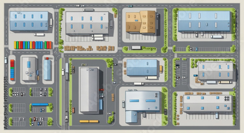 Overhead View of an Industrial Park Layout with Buildings and Roads.