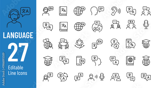 A collection of editable line icons related to language learning, featuring various symbols and graphics for educational or marketing purposes.