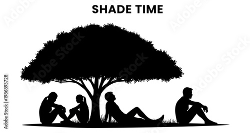 Silhouetted people resting peacefully beneath a large tree in summer shade