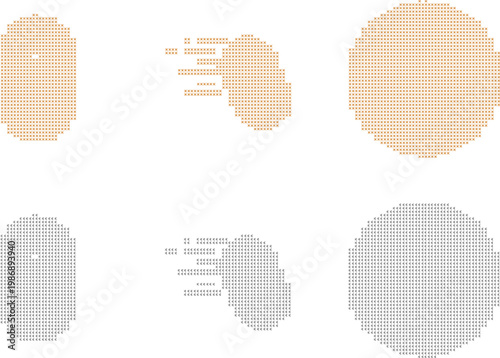 Cross Stitched Pixel art geometric shapes set in beige and grey colors, retro 8-bit digital design elements, collection of 6 pixelated circle and oval icons for video game UI and web graphics