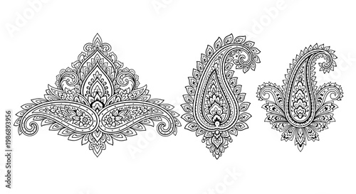 Ornamental paisley floral decorative elements in black line art style for greeting cards, invitations, and boho designs