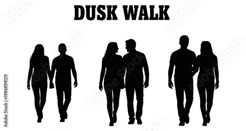 Silhouettes of couples walking together during twilight on a white background