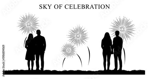Silhouettes of couples watching fireworks in the night sky over a grassy field