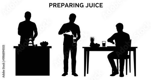 Silhouettes of men preparing and drinking fresh juice at home during the day