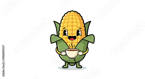 A cheerful anthropomorphic corn character holds a bowl while wearing green leaves.