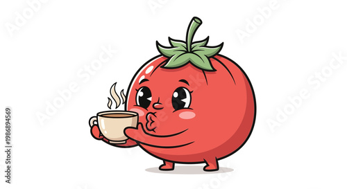 A cheerful tomato character happily holds a steaming cup of coffee.