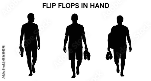 Silhouettes of men walking with flip flops in hand during summer vacation