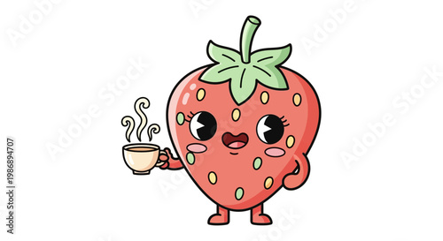 A cute cartoon strawberry character happily holds a steaming coffee cup.