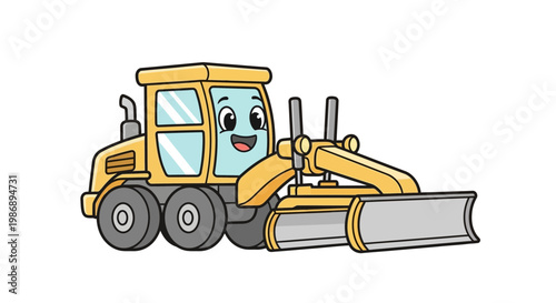 A cheerful cartoon bulldozer with a smiling face is driving on a road.