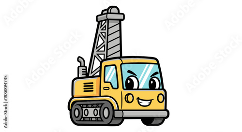 A cartoon illustration of a smiling yellow drilling truck with a crane on a white background