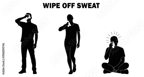 Silhouettes of men wiping sweat in different poses during hot weather activity