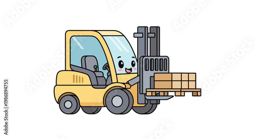 A smiling cartoon forklift carries a wooden pallet in a warehouse setting.