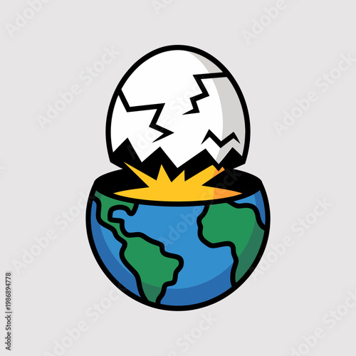 Creative concept illustration showing a cracked eggshell opening over a globe earth symbolizing global birth new beginnings and environmental transformation flat design