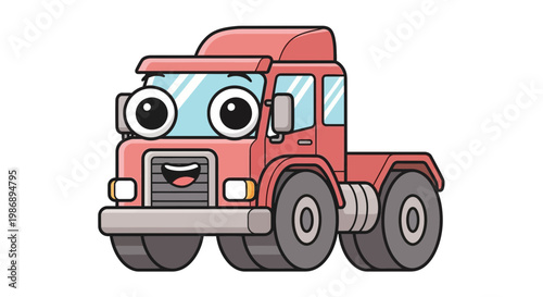 A cheerful red cartoon truck with big eyes drives on the road