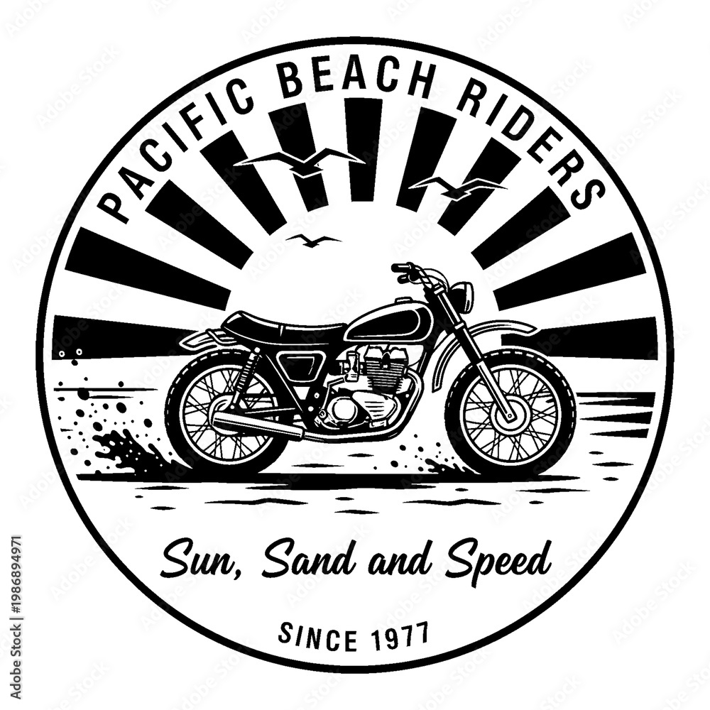 Obraz premium Motorcycle Riders on Beach with Sunburst and Seagulls, Pacific Beach Riders Logo