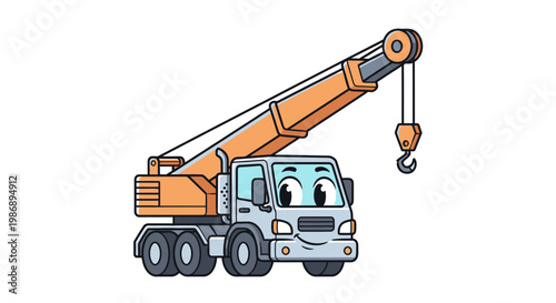 A cartoon crane truck with a smiling face lifting a hook outdoors
