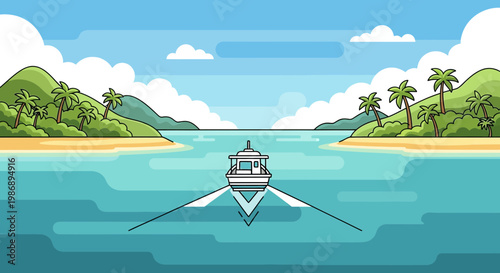 A boat sails across the calm waters of a tropical island bay with lush green hills and palm trees under a partly cloudy sky.