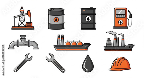 Oil Industry Icons - Rig, Barrels, Tanker, Refinery, and Tools.
