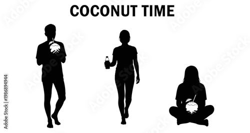 Silhouettes of people enjoying coconut drinks during leisure time