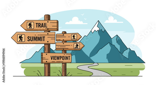 Hikers navigate trail signs pointing to summit and viewpoint amidst mountains