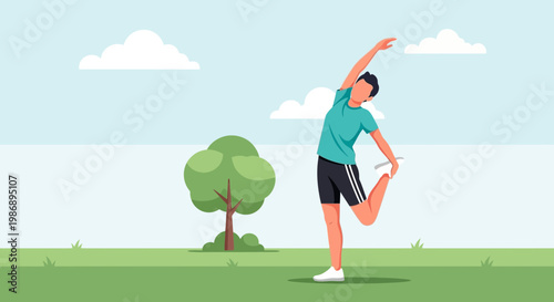 Man stretching in park with tree and clouds overhead outdoors