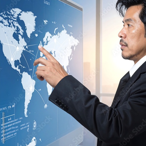 Businessman interacts with digital world map on large screen display