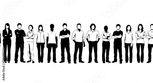 People crowd silhouettes showing diverse genders and professions in a simple flat vector scene for identity concepts