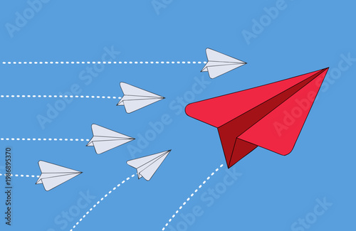 A red paper airplane leads a group of white paper airplanes in a vector illustration of leadership and innovation.
