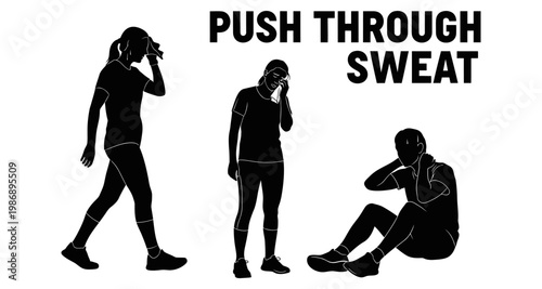 Silhouettes of people exercising and wiping sweat during a workout session