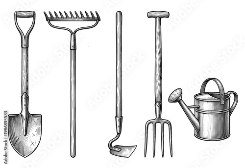 Hand drawn vintage gardening tools set including shovel rake and watering can in engraving style, vector illustration