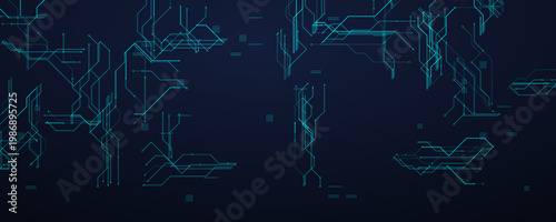 Neon Circuit Network With Green And Purple Lines. Futuristic digital background for cybersecurity, hacking, and AI themes. Glowing grid with abstract paths. Clean tech BG. Vector illustration.