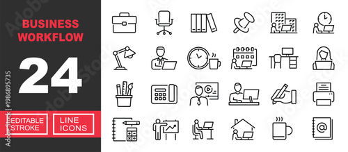 Business Workflow line icon set. Exclusive Business Workflow line icon collection. Containing Briefcase, Chair, Bookshelf, Pushpin, Office, Workspace, Lamp, Freelancer, Break-time. Editable stroke.