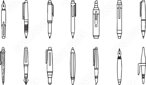 Collection Of Outline Drawings Of Various Writing Instruments And Pens vector illustration