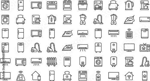 A set of various technology and home related icons in a flat design style, suitable for use in graphic design, marketing materials, and educational resources.