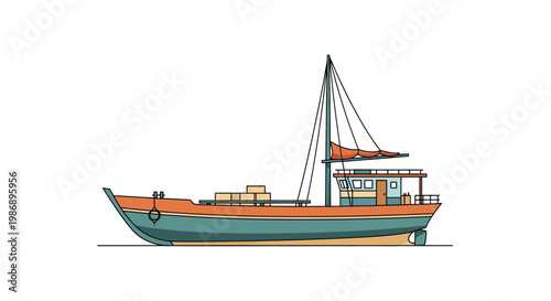 Flat vector illustration of a commercial fishing boat isolated on white background