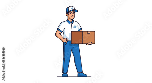 Friendly delivery man holding a cardboard box for courier service