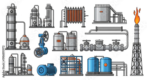 Oil and Gas Industry Equipment - Detailed Vector Illustration of Industrial Processes.