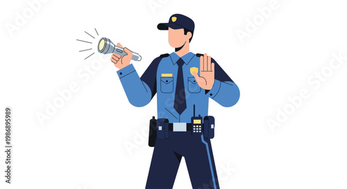 Police officer holding a flashlight and making a stop gesture.