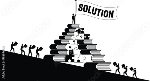 Illustration of people climbing a mountain of books to reach a solution flag