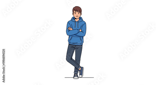 Young man standing with arms crossed in casual attire.