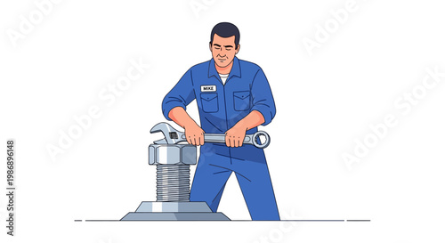 Dedicated Mechanic Adjusting a Large Nut with a Wrench Illustration