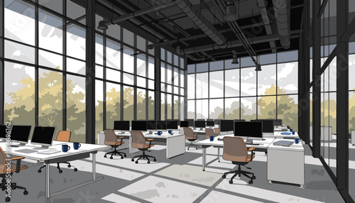 A modern office interior with large windows and rows of desks and computers